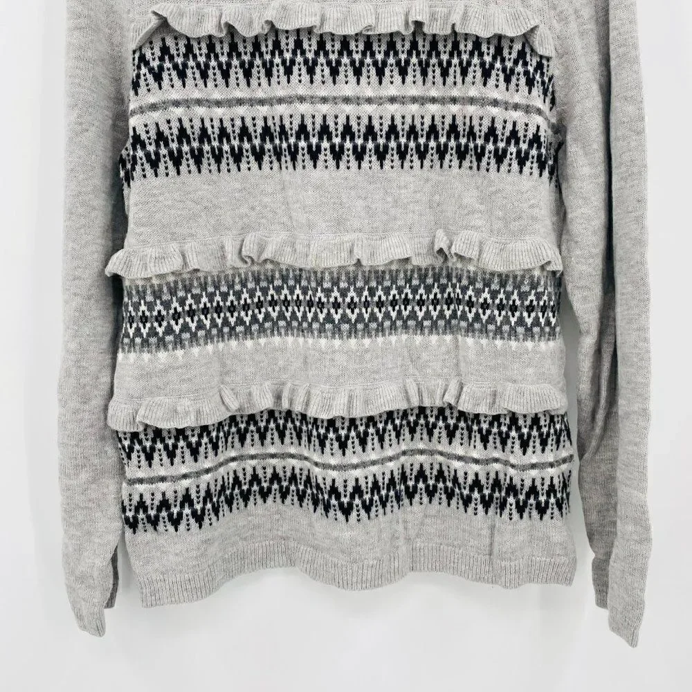 Talbots Petites Size Large Gray Fair Aisle Ruffled Lambswool Crewneck Sweater